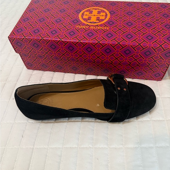 Tory Burch Black Suede Loafers with Gold Buckle - Picture 5 of 11